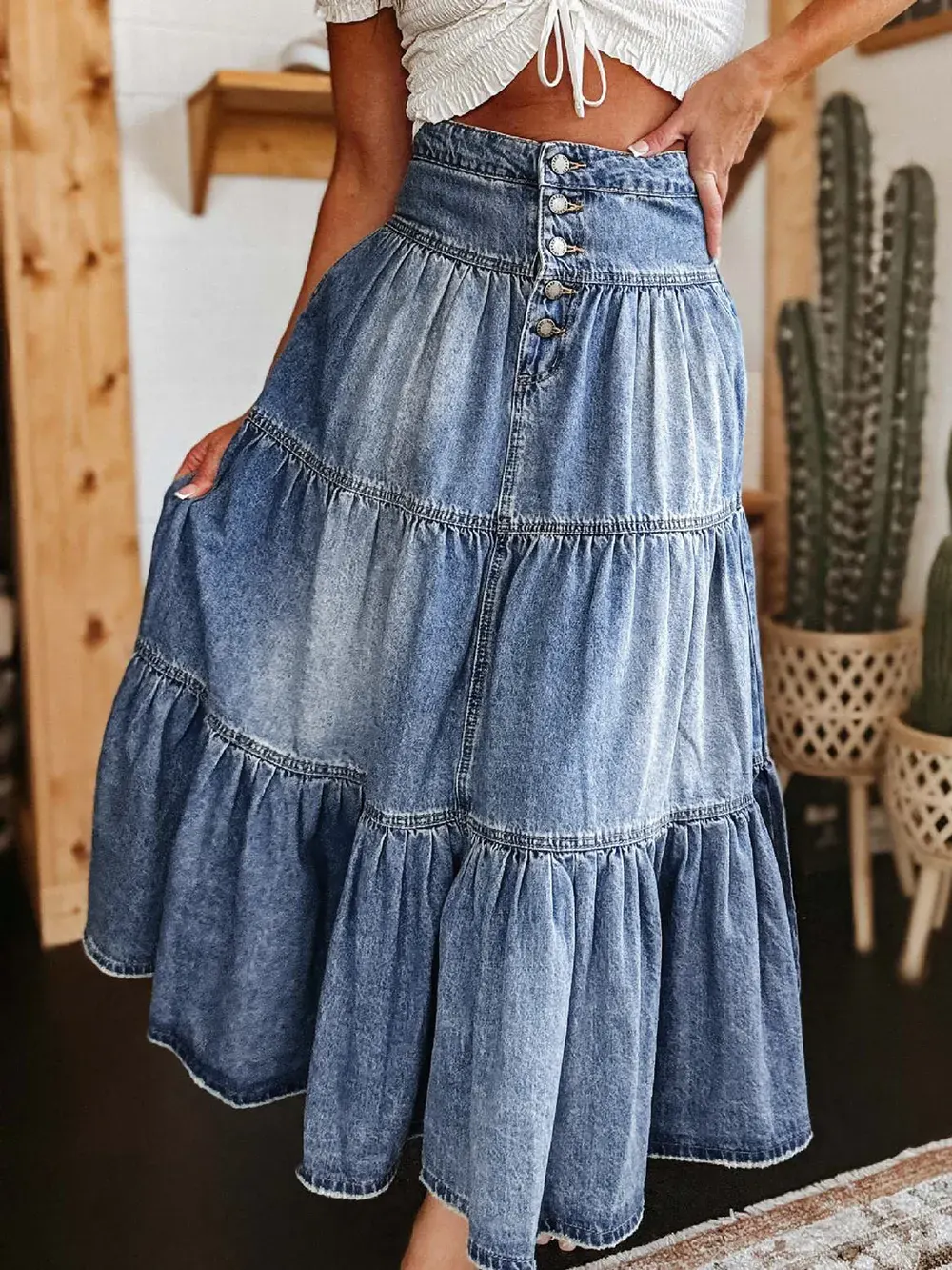 Tiered Button-Fly Denim Skirt 1