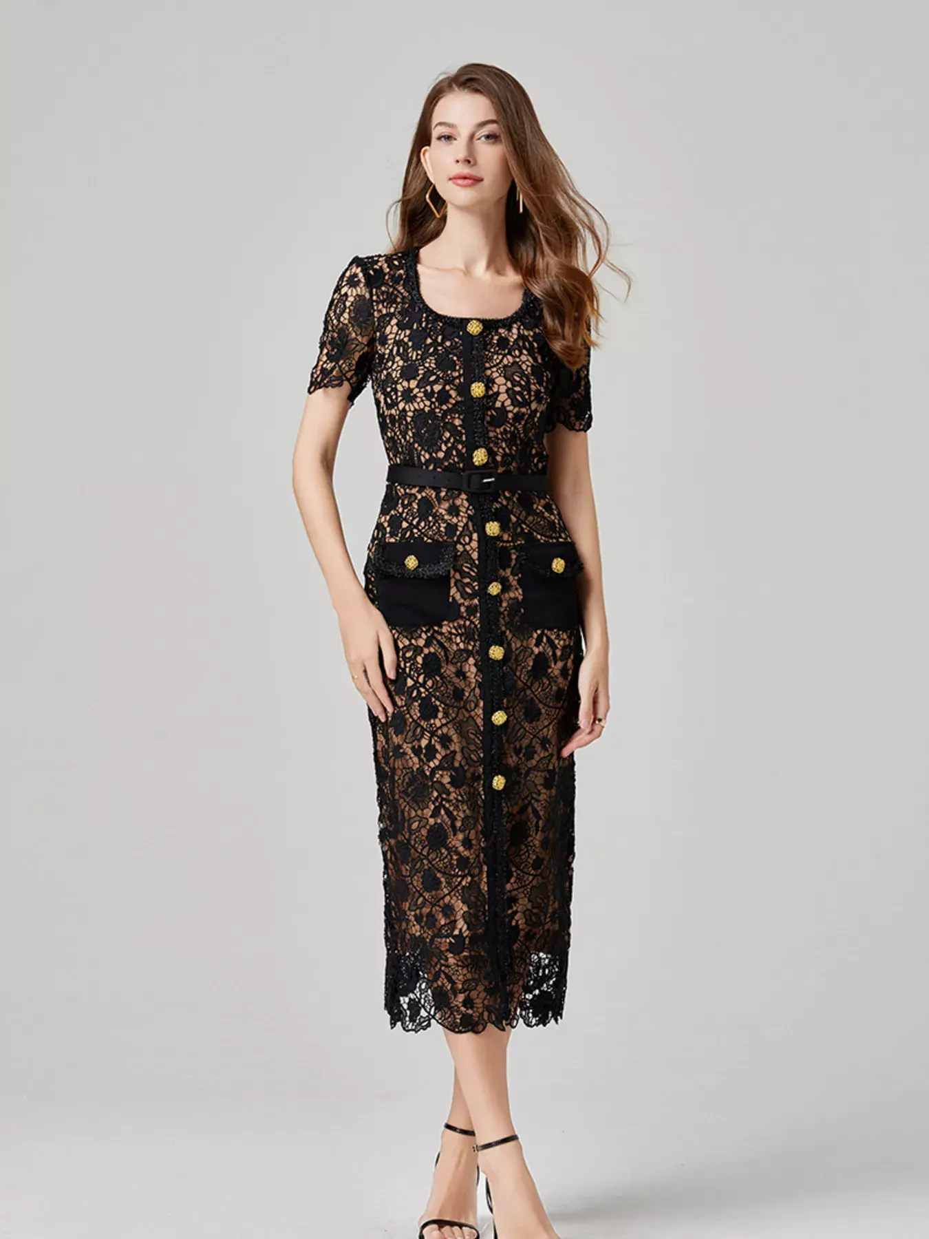 Lace Button-Up Midi Dress