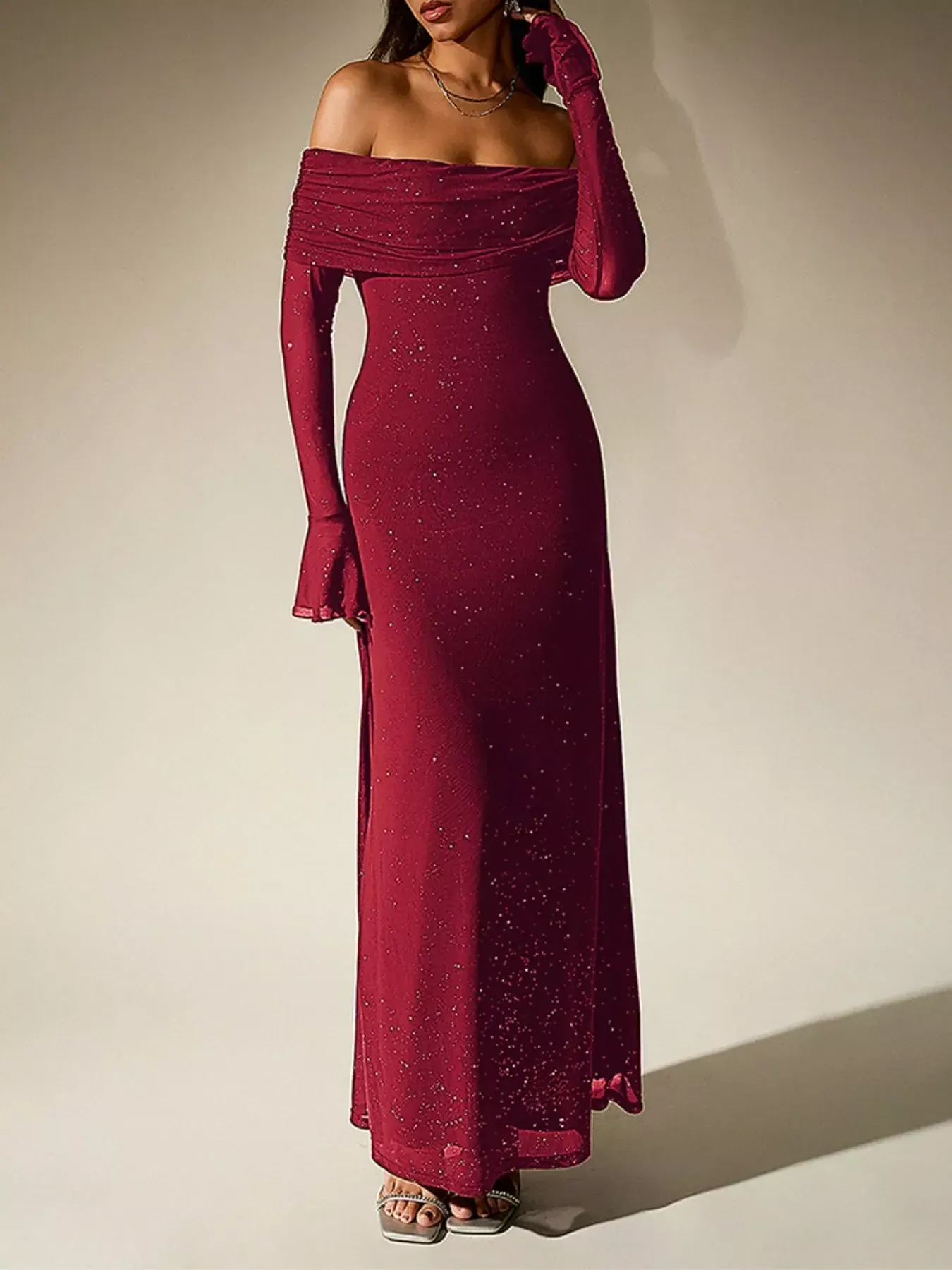 Glitter Off-Shoulder Maxi Dress